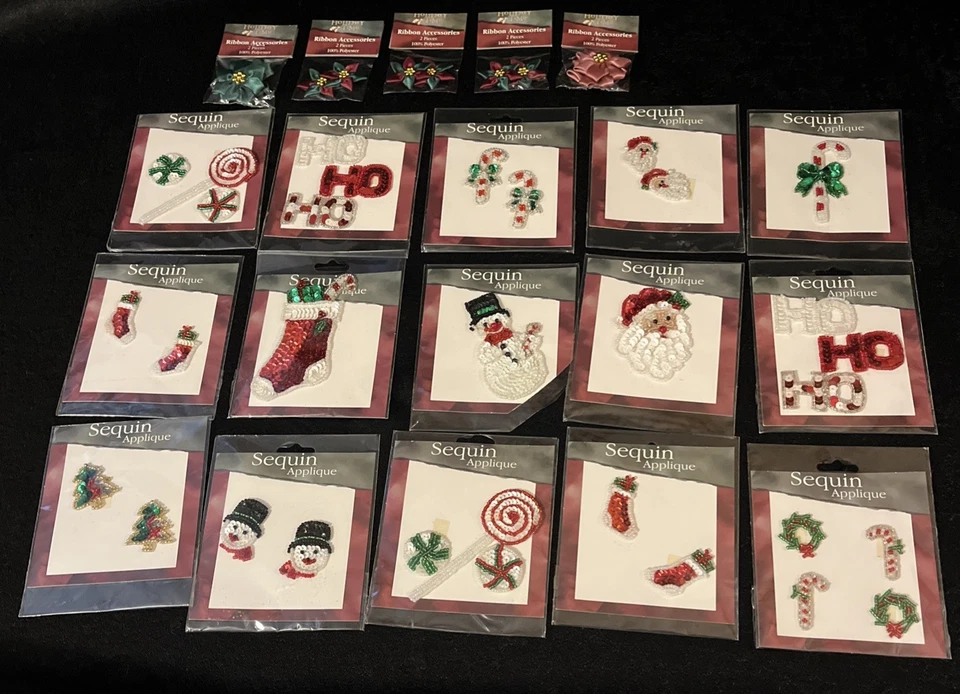 INCREÍBLE Lote De Colección De 42 Apliques Y Cinta Navidad Lentejuelas/Cuentas Acc. TODO NUEVO Foto 2 de 4