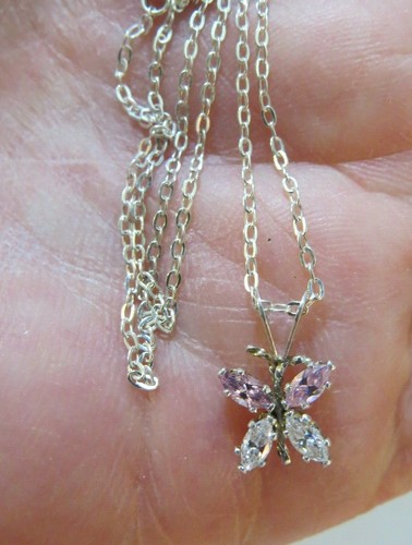 925 Sterling Silver CZ Butterfly Pendant Necklace Dainty 8*10mm 16 in