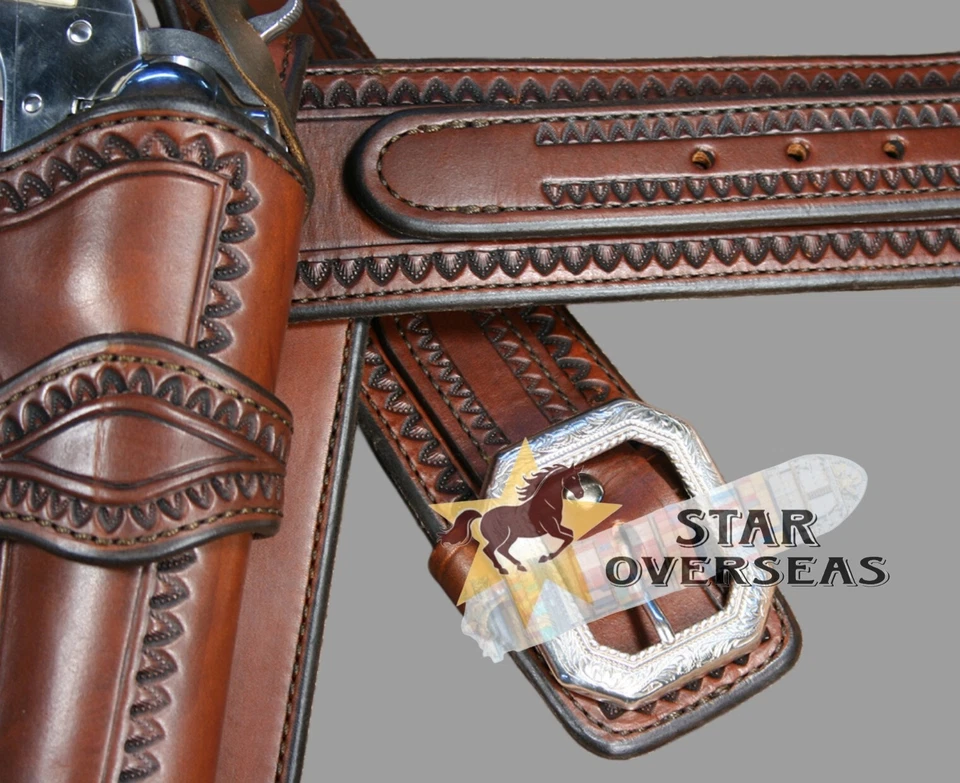 Western Gun Holster Belt Leather Revolver Pistol Tooled .22, .35/357 .44/45 Cal - Image 3 of 4