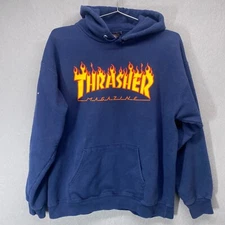 Thrasher Magazine Hoodie Sweatshirt Mens Medium Blue Skater Skate Flames