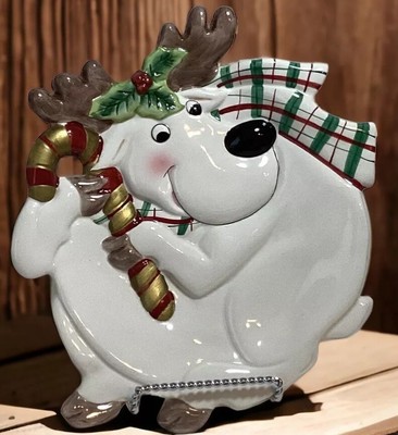 Fitz and Floyd Paid Christmas Reindeer Canapé Ceramic Tray Dish in Box