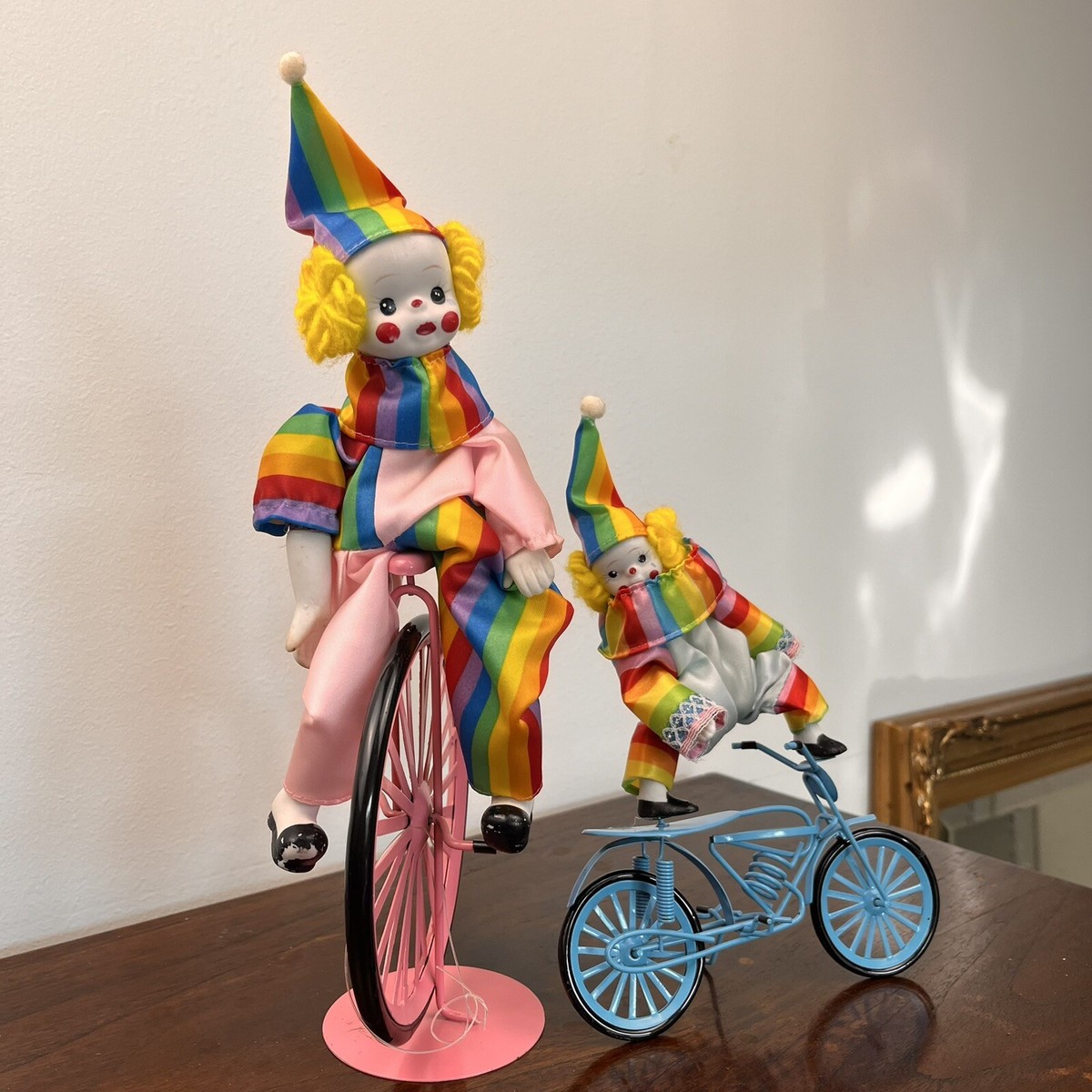 Vintage Adorable Circus Clowns Riding Bike Unicycle Set Of 2 Child