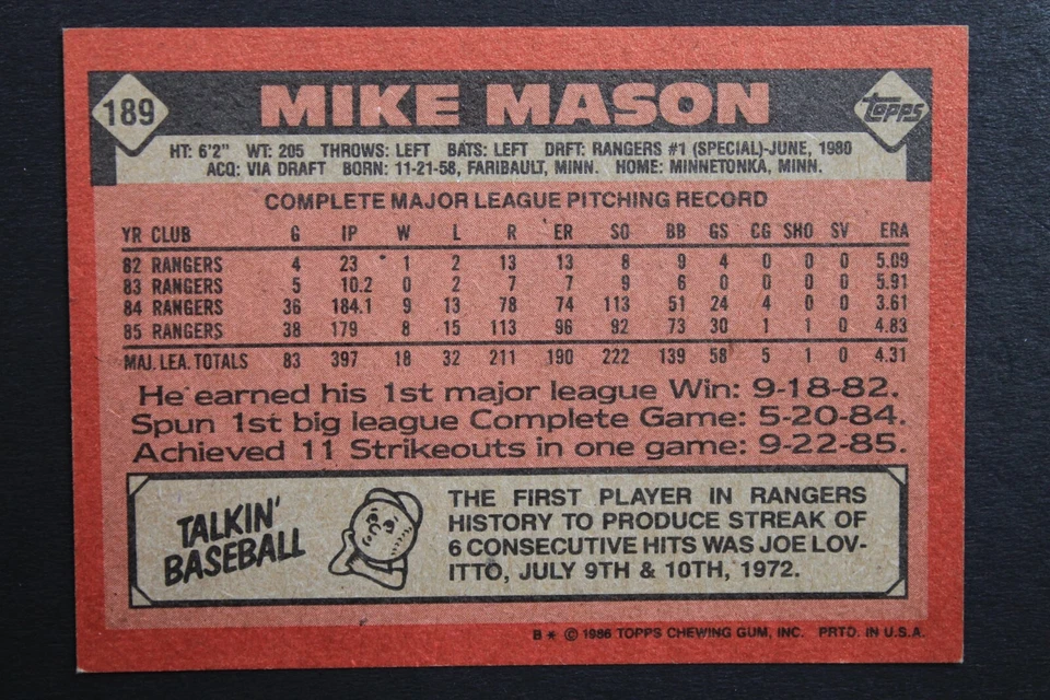 Mike Mason Texas Rangers Autographed 1986 Topps #189 Signed Card  - Image 2 of 3