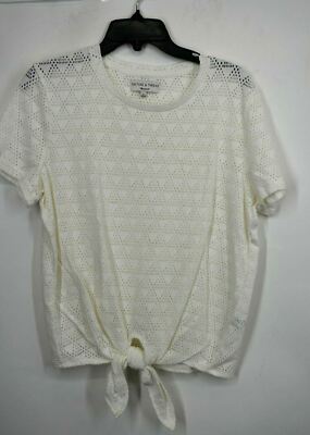 Texture Thread Womens Modern Tie Front Geometric Eyelet T Shirt Crew Neck Knit L