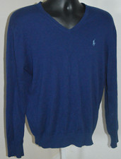 POLO RALPH LAUREN V NECK SWEATER Lightweight MENS MEDIUM Blue w Blue Pony JUMPER