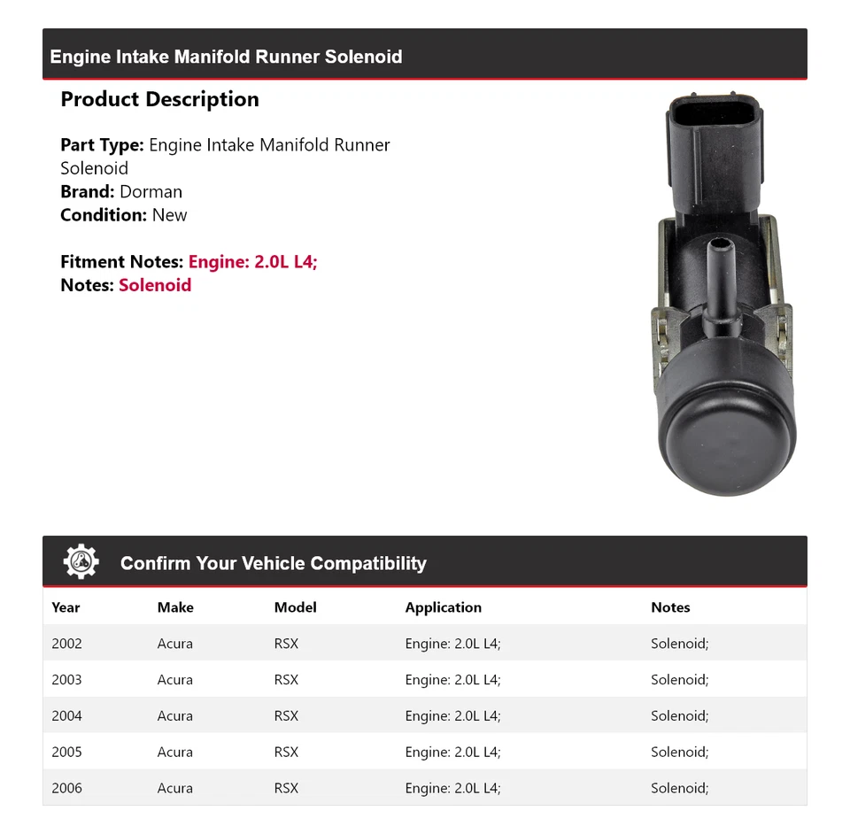 Para 2002-2006 Acura RSX 2.0L L4 Dorman coletor de admissão de motor solenóide corredor - Imagem 2 de 4