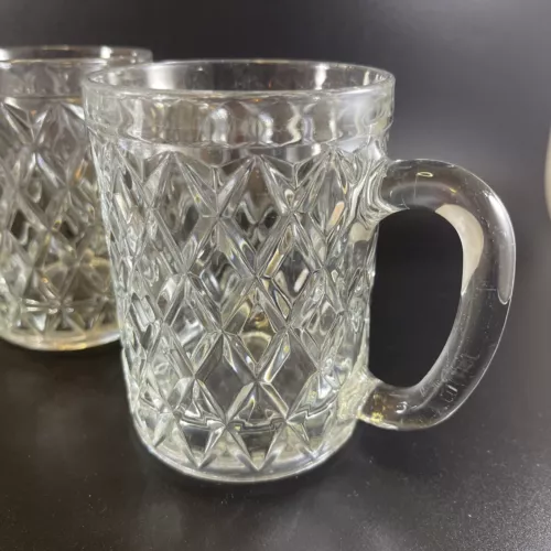 Set of 4 Vintage Paul Sebastian Crystal Diamond Cut Glass Mugs with Handle 12 oz