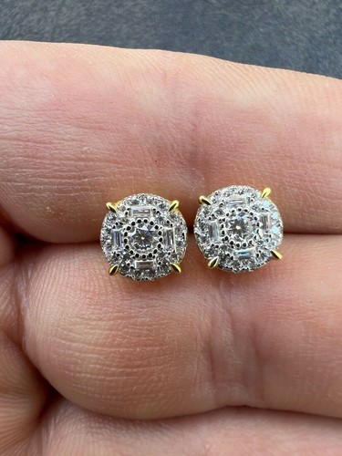 14k Gold Plated 925 Silver Real Hip Hop 8mm Earrings Round Cluster Studs Iced CZ - Picture 4 of 12