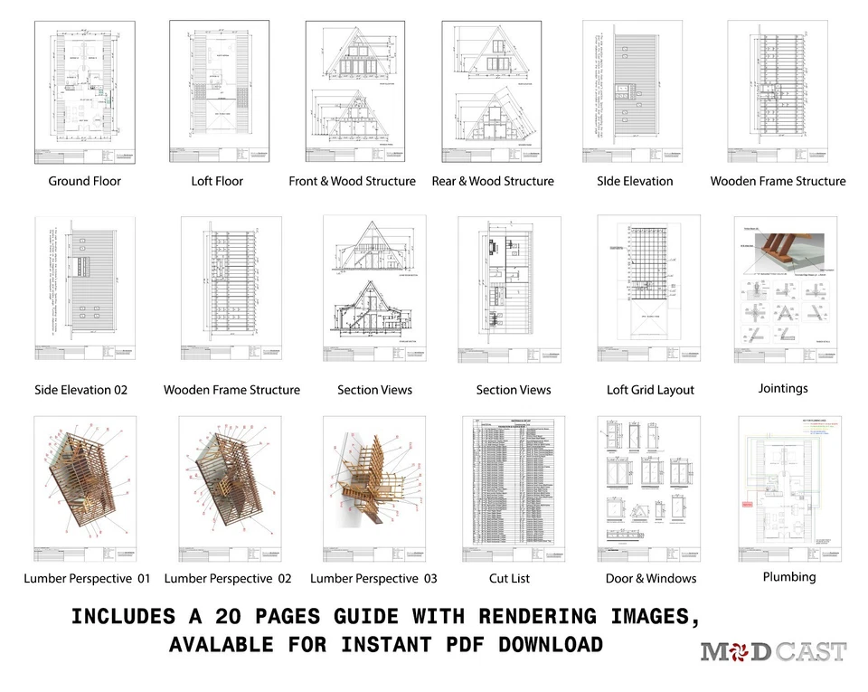 A-Frame House Plans PDF 30'6" x 56' Modern Cabin with Loft Architect Blueprints - Image 3 of 4