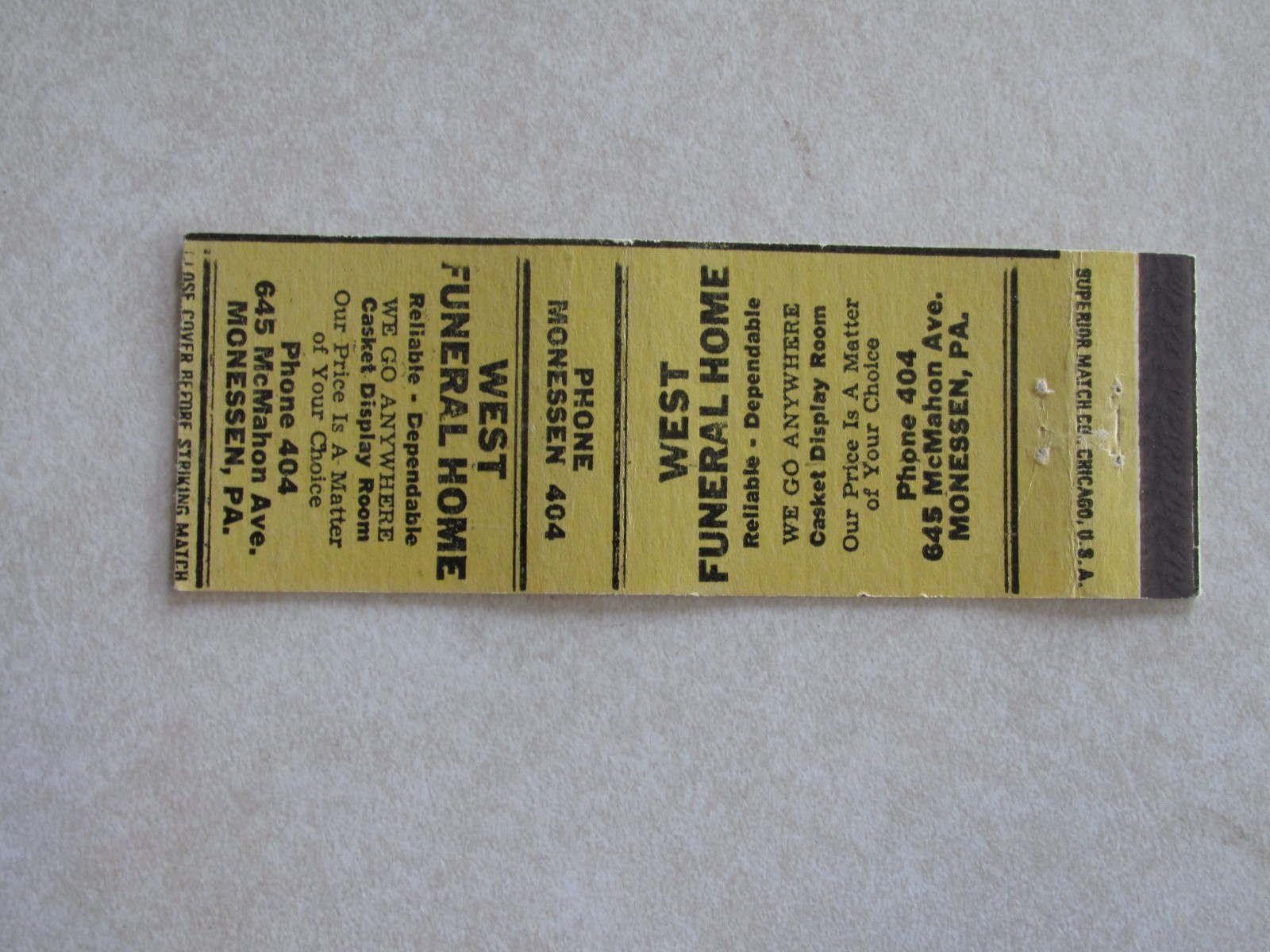 L339 vintage Matchbook Cover PA Pennsylvania West Funeral Home Monessen