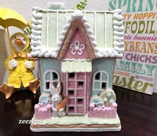 Easter Gingerbread House Light Up Bunny Rabbit Pastel Tabletop Decor 9.75"
