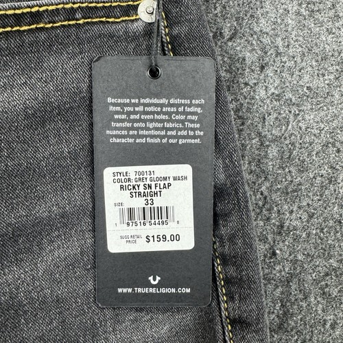 True Religion Ricky Relaxed Straight Jeans Men's 33 Black Gray Gloomy Wash Flap - Picture 5 of 14