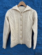 Vintage 90s Ivory Cable Knit Wool Cardigan Sweater Medium Button Front