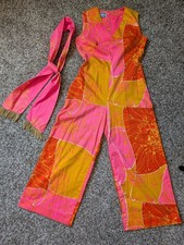 Vtg Psychedelic Floral Waltah Clarks Hawaiian Belted PantSuit jumpsuit M Dress