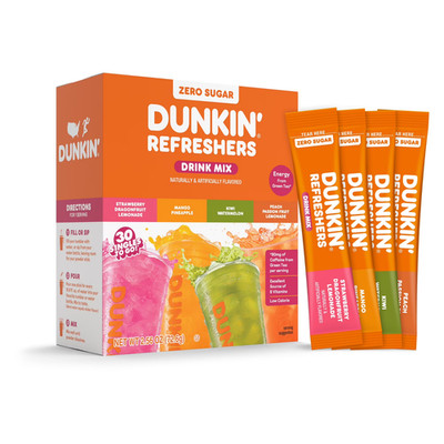 Dunkin  Zero Sugar Refreshers Singles To Go! Powdered drink mix packets, 30 Ct V