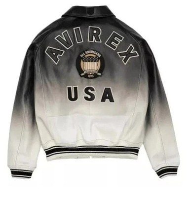 Men s Avirex Black & White Bomber American Flight Jacket Real Leather Jacket
