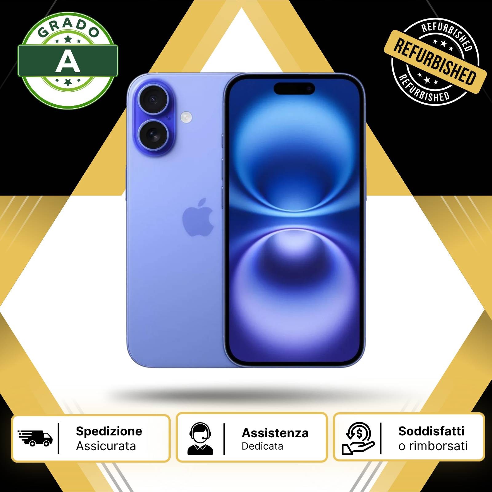 APPLE IPHONE 16 RICONDIZIONATO GRADO A 128GB BLU GAR.12 MESI + CAVO E BASE