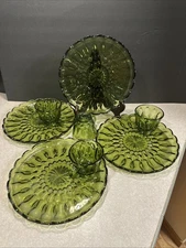 Anchor Hocking Fairfield Snack Set Green Glass Set of 4 plates & 4 Cups, Nice!