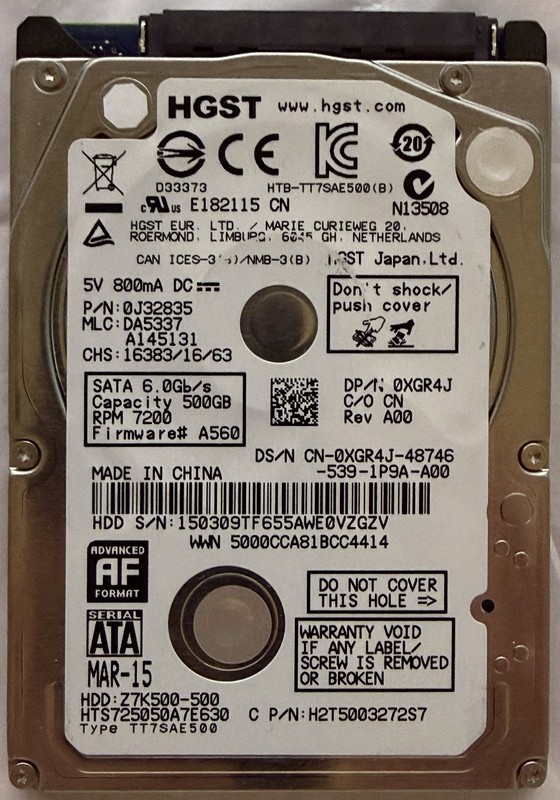 HGST 500GB 7200RPM 2.5" SATA HDD 0J32835 Tested CDI Good Wiped Working