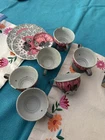 Ohio Art Lithograph Tea Set Pink Willow Swans Tin Toy Tea Set Vintage 13 Pc