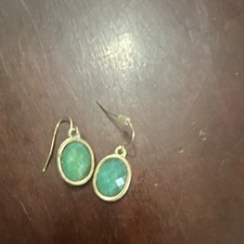 Green Oval Stone Dangle Drop Earrings with Gold Bezel Setting, Hook Closure