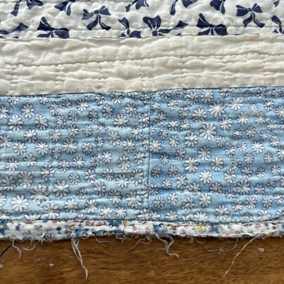 Antique Feed Sack Hand Sewn Hand Quilted Quilt 78 x 62" Patchwork Geometric - Image 2 of 4