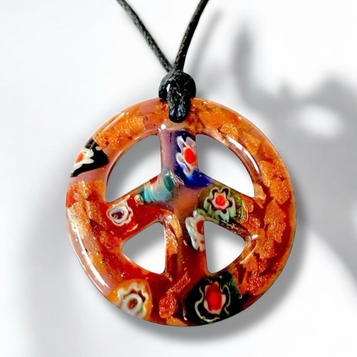 Murano Glass Peace Sign Necklace Millefiori Pendant 1970s Boho Festival Vintage - Picture 6 of 8