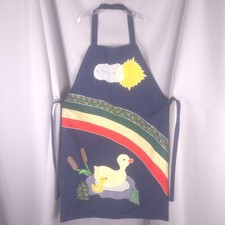 Handmade Denim Bib Apron Embroidered Duck Rainbow Sun Cloud Patchwork Country