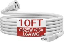 16/3 Short Extension Cord 10 FT, White Extension Cord Flexible & Durable, Indoor