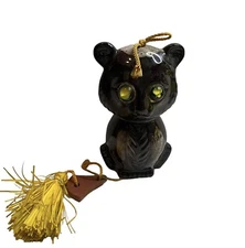 Vintage MCM Brown Glazed Bear Cat Pottery Glass Marble Eye Wind chime Bell