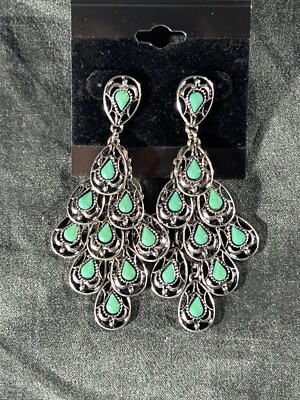 Cabochon Pierced Chandelier Kite Earrings Faux Turquoise Antique Silver Tone
