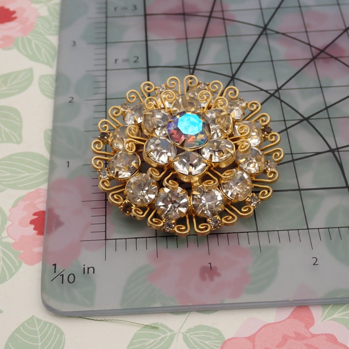 Vintage Juliana Gold Scroll Layered Clear Rhinestone Flower