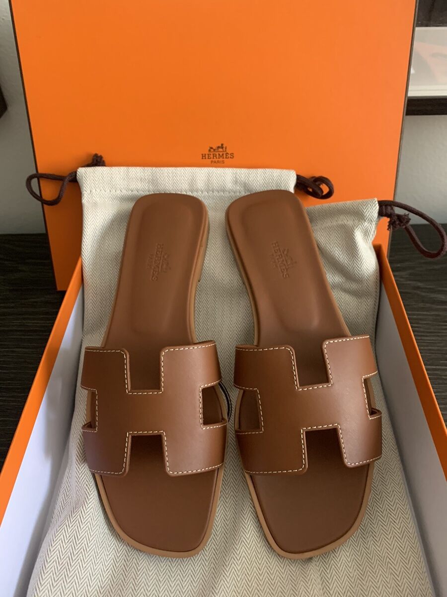 NEW IN BOX Hermès Oran Sandals In Gold (aka Brown), Box Calf NEW IN BOX Hermès Oran Sandals In Gold (aka Brown), Box Calf
