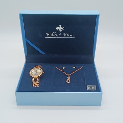 Bella & Rose Jewelry Set in Box-Necklace-Pierced Earrings-Watch-Rose Gold