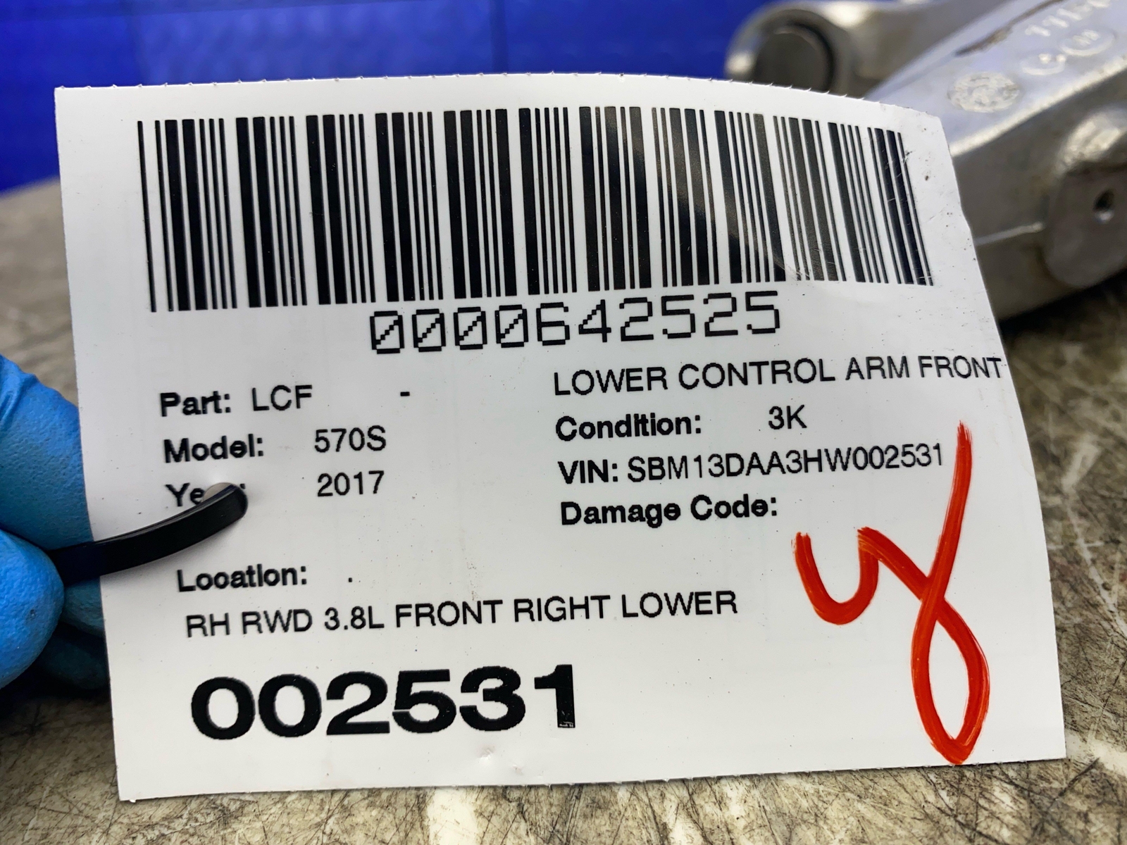 2016-2021 MCLAREN 570S RWD 3.8L FRONT RIGHT LOWER CONTROL ARM 11B0050CP OEM