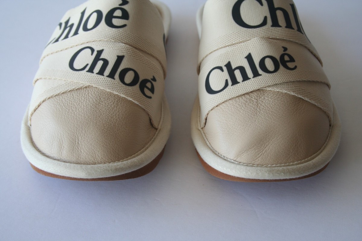 NEW Chloe Beige WOODY Canvas/Leather Slippers Sz 38 (US 8