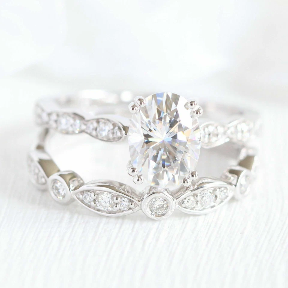 Simulated 2CT White Oval & Round Sapphire Women's Ring Set 935 Argentium Silver - Image 2 of 4