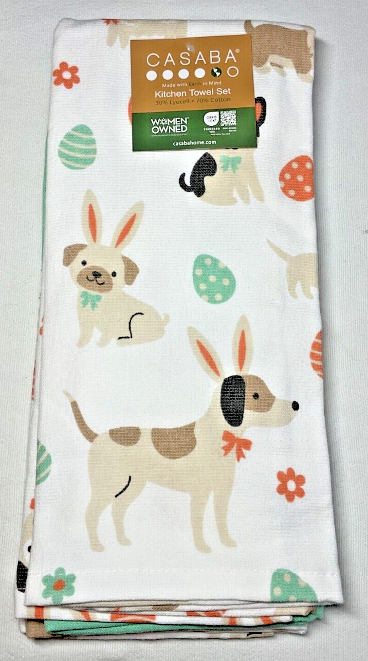 Casaba Kitchen Towels Set of 2 Dog Easter Egg Design in Brown Orange Green Cotton Lyocell NWT