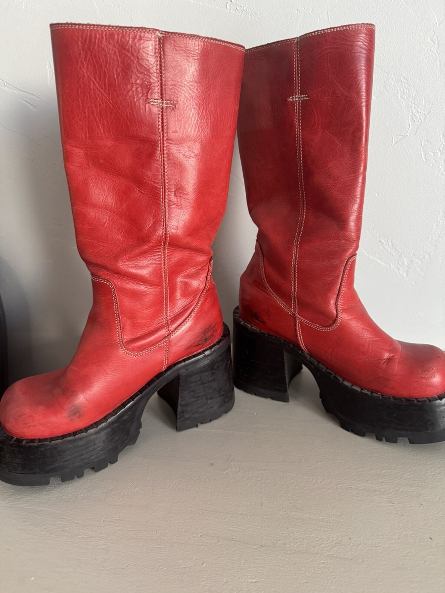 Vintage Destroy Red Leather Platform Midi Y2K 90's Boots 36