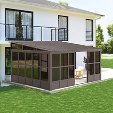 Domi 12x16FT Wall Mounted Sunroom w/Galvanized Steel Roof&Detachable PVC Screen