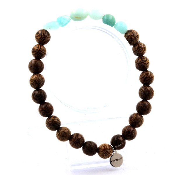 Armband Amazonit Aus Brasilien + Holzperlen 8 Mm. Hergestellt In Frankreich.-image