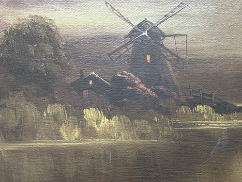 Alvah Browning Öl auf Karton Holländische Mühle bei Mondschein gerahmt Vintage - Bild 3 von 10