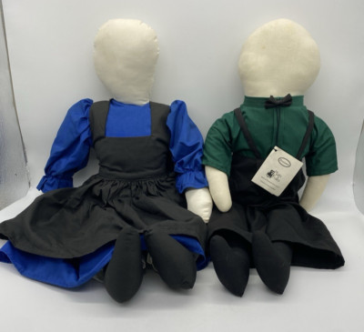 VTG Faceless Plain Folks Large Amish Dolls Benjamin & Mary Handmade 2000, SIGNED