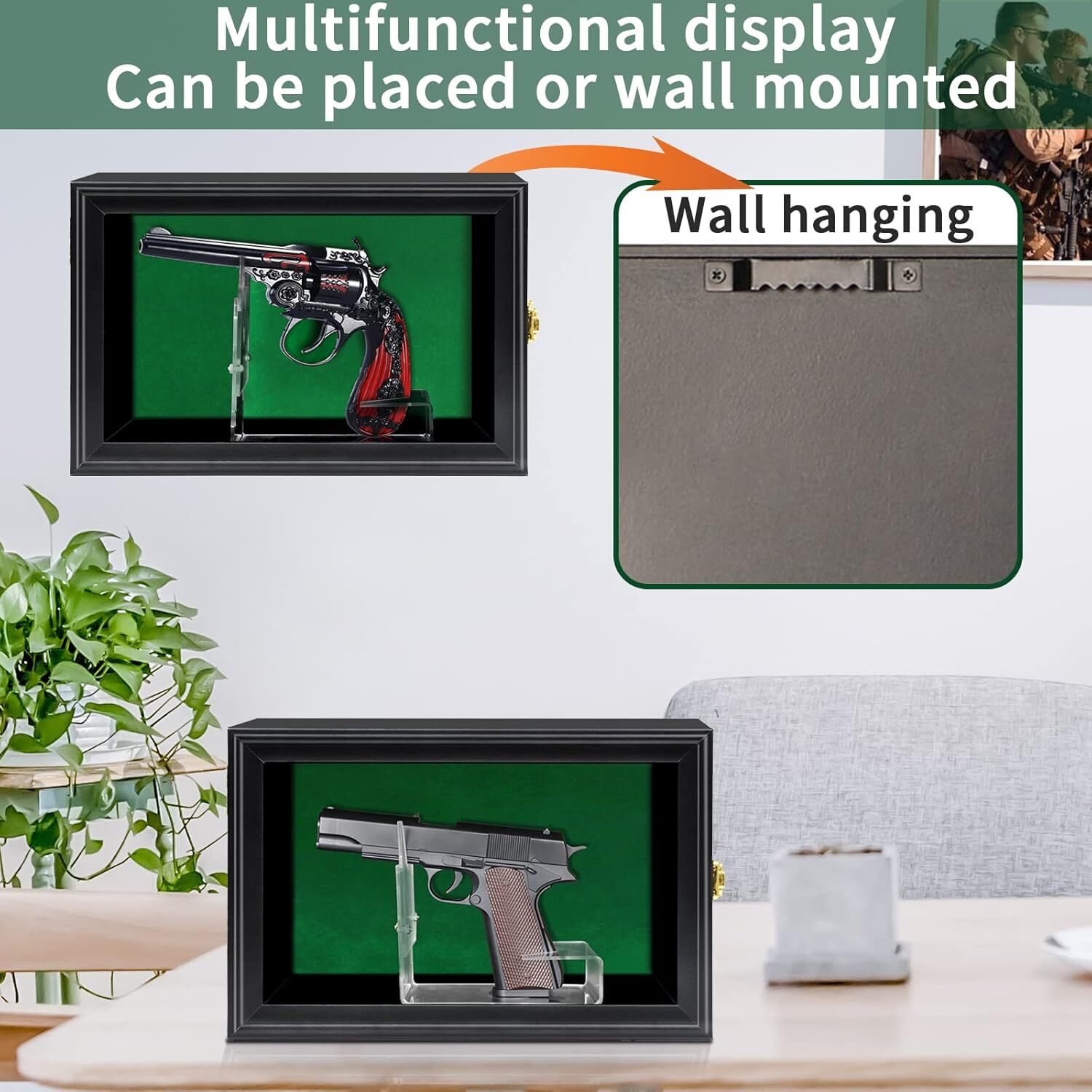 Shadow Box For Revolver Gun Display Case Green Felt Wood Handgun Pistol Revolver 98% UV Lock ...