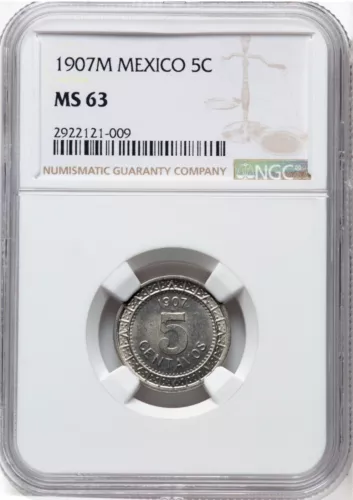 MEXICO ESTADOS UNIDOS  1907  5 CENTAVOS COIN, NGC CERTIFIED UNCIRCULATED, MS63