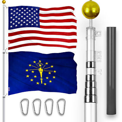20 Ft Telescoping Flagpole Silver & American and Indiana Flags Emb 300D 3x5Ft
