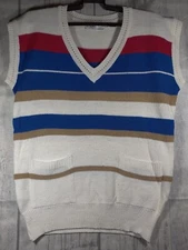 Gitano Sweater Vest Knit Striped V-Neck Pockets Secretary Geek Large Vintage