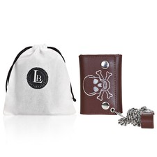 Leatherboss Genuine Leather Men Skull and Bones Trifold Wallet Chain Biker,Brown