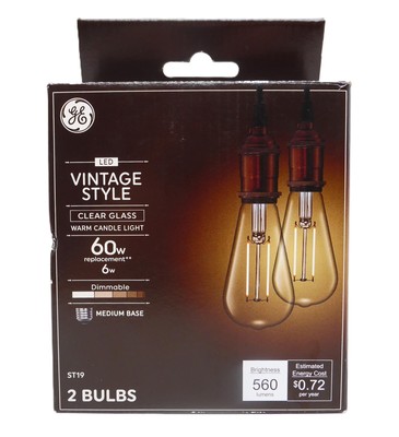 GE LED Vintage Style Clear Glass Warm Candle Light Dimmable Edison Medium - 2pk