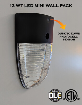 LED Wall Pack 13Wt Outdoor Dusk to Dawn Sensor ETL DLC  Replaces 100W HID 5700K 
